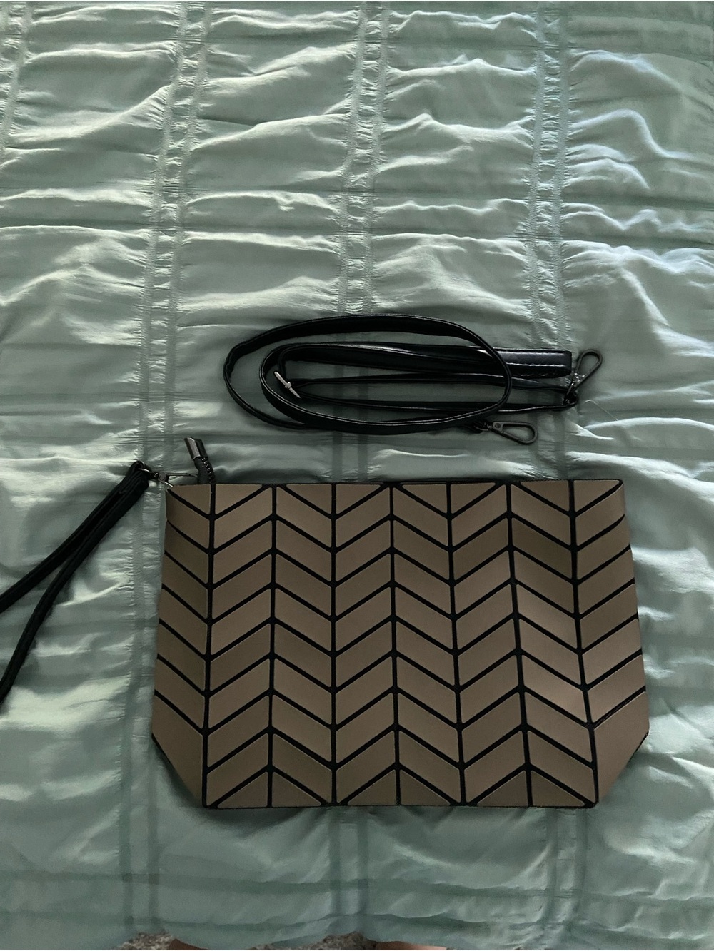 Geometric Pattern Crossbody Clutch in Taupe and Black